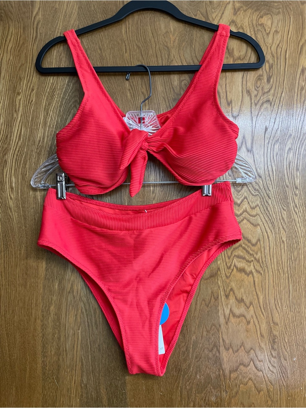 Cupshe Large Red Ribbed Tie-Front Bikini Set swimsuit boho cheeky